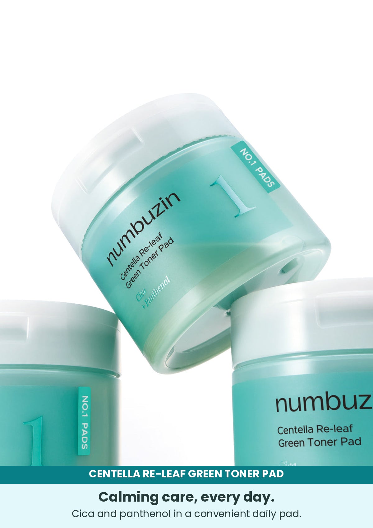 Numbuzin No.1 Centella Re-leaf Green Toner Pad — Calming care, every day. Cica and panthenol in a convenient daily pad.