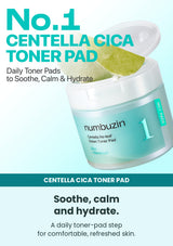 Numbuzin No.1 Centella Re-leaf Green Toner Pad — Soothe, calm and hydrate. A daily toner-pad step for comfortable, refreshed skin.