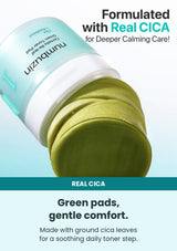 Numbuzin No.1 Centella Re-leaf Green Toner Pad — Green pads, gentle comfort. Made with ground cica leaves for a soothing daily toner step.