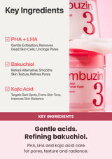 Numbuzin No.3 Bifida Bakuchiol Exfoliating Toner Pad (190ml) — key ingredients