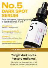 Numbuzin No.5+ Vitamin Concentrated Serum 30ml — four brightening actives: Target dark spots. Restore radiance.