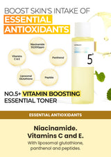 Numbuzin No.5+ Vitamin Boosting Essential Toner 200ml — essential antioxidants: Niacinamide. Vitamins C and E.