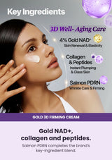 Gold NAD+, collagen and peptides. Salmon PDRN completes the brand's key-ingredient blend.