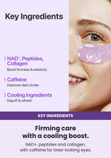 NUMBUZIN No.9 eye patches — Firming care with a cooling boost. NAD+, peptides and collagen, with caffeine for tired-looking eyes.