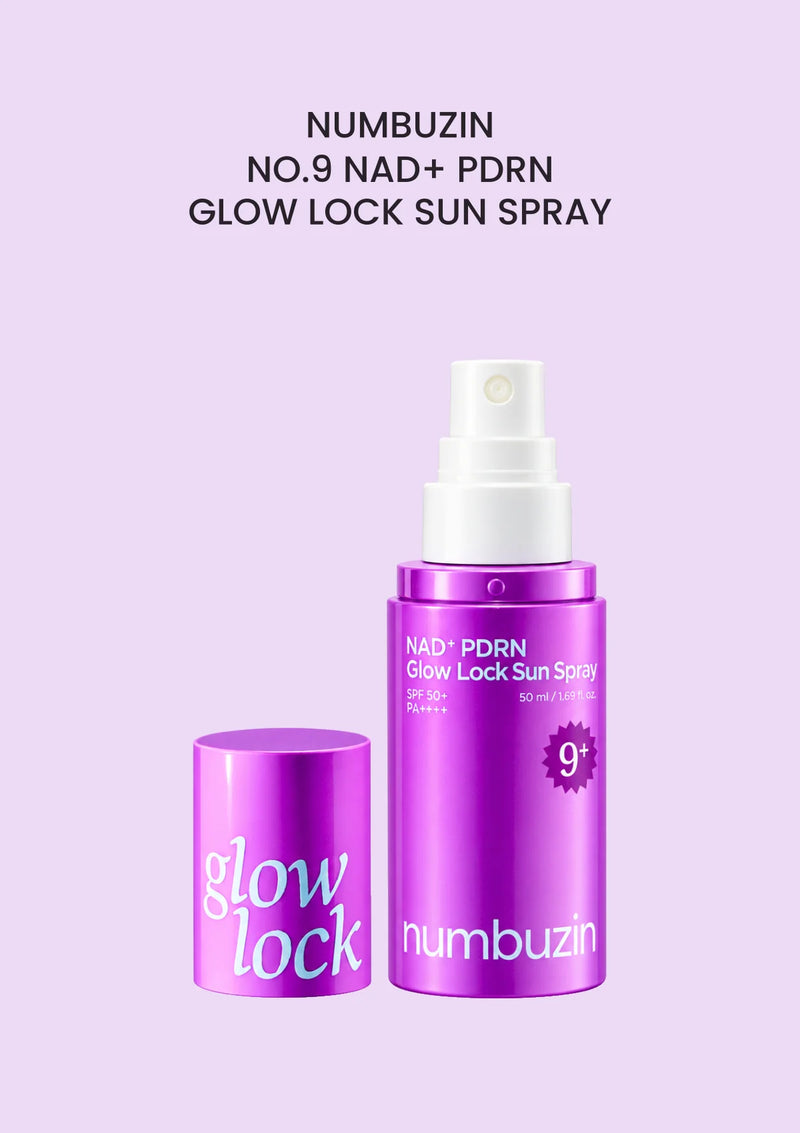 NUMBUZIN No.9 NAD+ PDRN Glow Lock Sun Spray SPF50+ PA++++ 50ml upright bottle and cap