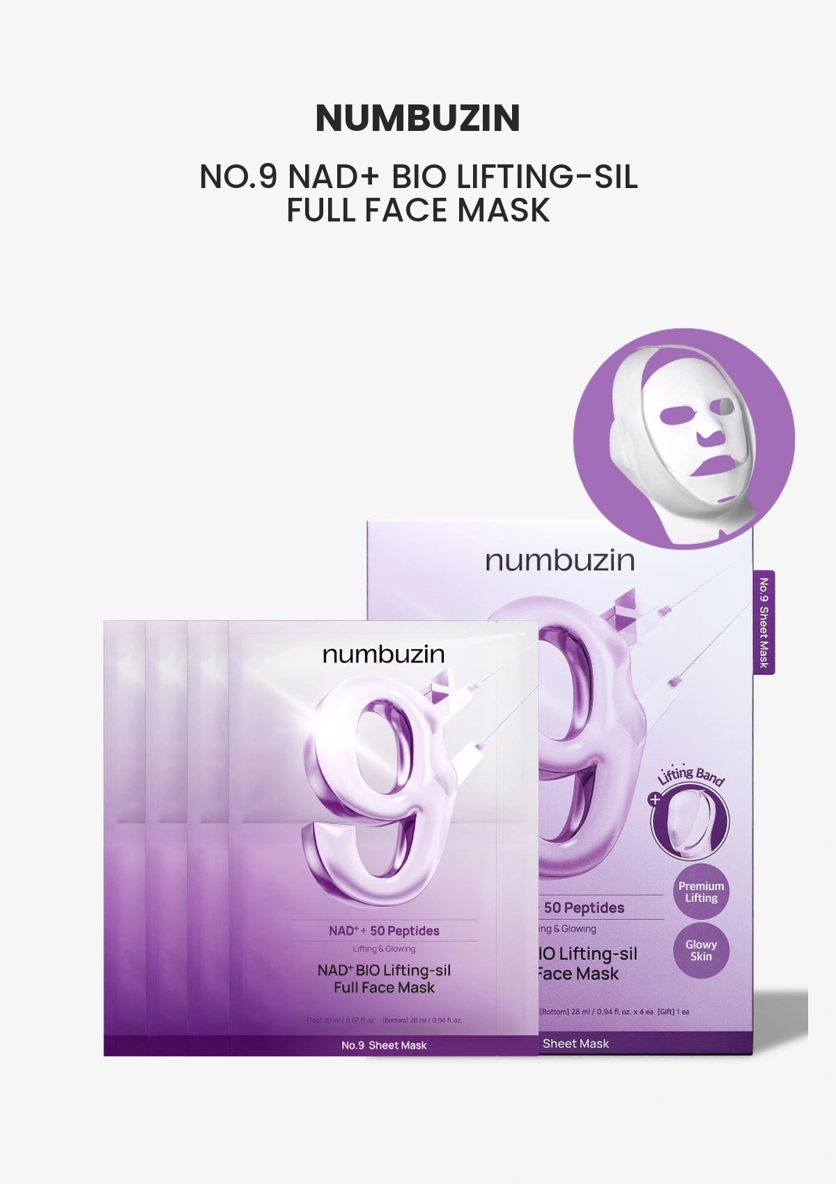 Numbuzin No.9 NAD+ Bio Lifting-sil Full Face Mask box and four masks