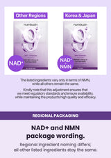 NUMBUZIN No.9 mask — NAD+ and NMN package wording. Regional ingredient naming differs; all other listed ingredients stay the same.