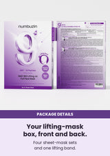 NUMBUZIN No.9 mask — Your lifting-mask box, front and back. Four sheet-mask sets and one lifting band.