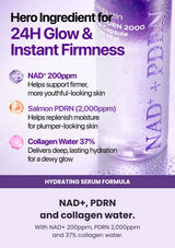 NAD+, PDRN and collagen water. With NAD+ 200ppm, PDRN 2,000ppm and 37% collagen water.