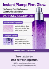 Two textures. One refreshing mist. NAD+ pearl capsules meet a lightweight collagen serum.
