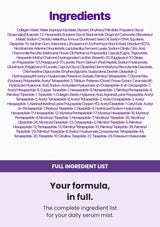 Your formula, in full. The complete ingredient list for your daily serum mist.