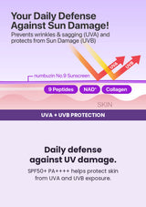 NUMBUZIN No.9 NAD+ Peptides Dewy Sun Essence — Daily defense against UV damage. SPF50+ PA++++ helps protect skin from UVA and UVB exposure.