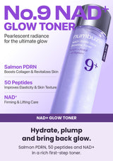 NUMBUZIN No.9 toner — Hydrate, plump and bring back glow. Salmon PDRN, 50 peptides and NAD+ in a rich first-step toner.
