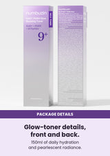 NUMBUZIN No.9 toner — Glow-toner details, front and back. 150ml of daily hydration and pearlescent radiance.