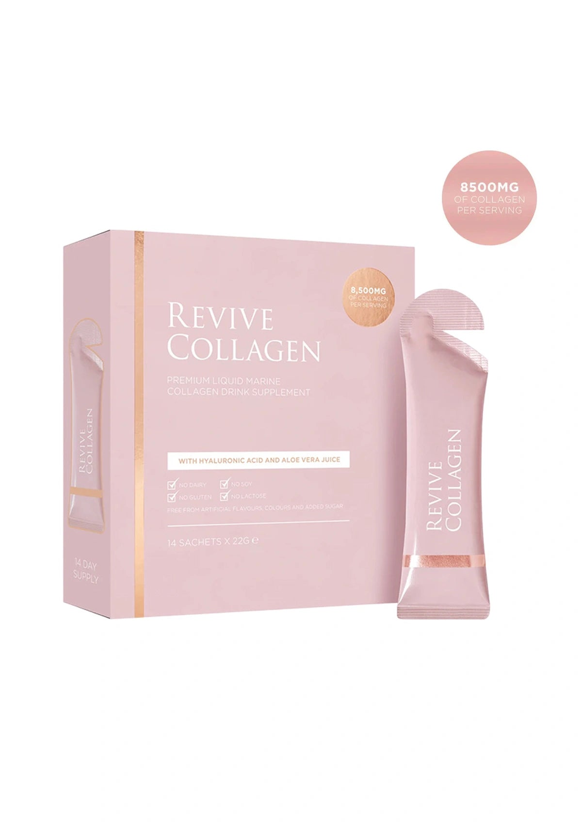 Revive Collagen packaging with a pink box and sachet on a white background
