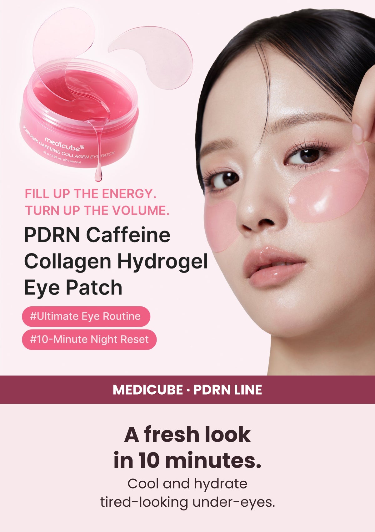 MEDICUBE PDRN Pink Caffeine Collagen Eye Patch applied beneath both eyes