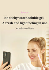 A woman holds a smartphone and applies a light pink cosmetic product to her cheek. Text at the top reads, 'Point.