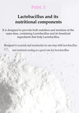 An informational graphic with text reading 'Point. 5 Lactobacillus and its nutritional components' above a close-up pile of white powder on a white background.