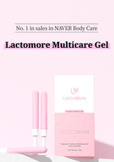 Lactomore Multicare Gel product packaging and applicator tubes in pastel pink and white, displayed on a light pink background with promotional text at the top.
