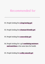 A recommendation list titled 'Recommended for' on a light gray background, with five bullet points describing gel moisturizer needs in black text with pink highlighted phrases.
