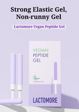 Lactomore Vegan Peptide Gel product packaging and applicator tubes on a light lavender background, with headline text at the top reading 'Strong Elastic Gel, Non-runny Gel'.