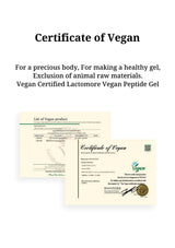 A product graphic displaying a 'Certificate of Vegan' for Lactmore Vegan Peptide Gel, showing two overlapping certificate designs on a plain white background with descriptive text above.