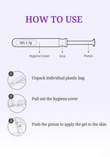 Instruction graphic titled 'HOW TO USE' showing a gel applicator with labeled parts and three step-by-step icons for unpacking, pulling out the hygiene cover, and pushing the piston to apply gel to the skin.