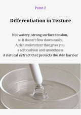 An informational graphic titled 'Differentiation in Texture' with text describing a rich moisturizer that gives a soft cushion and smoothness. The lower half shows a close-up of a clear gel-like product being dispensed from a white applicator into a shallow clear dish.