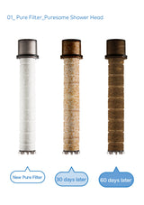 BODYLUV Puresome showerhead filter condition comparison: new, 30 days and 60 days