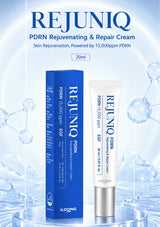 ILDOONG REJUNIQ PDRN Rejuvenating & Repair Cream shown with its blue outer box and white squeeze tube on a reflective light blue surface. The background features a molecular structure graphic and the text 'REJUNIQ PDRN Rejuvenating & Repair Cream' at the top.