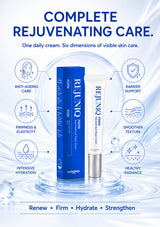 Ilegoo Rejuvenating Skin Cream and its blue packaging box displayed on a water splash background, surrounded by six circular icons highlighting key skincare benefits: anti-aging, barrier support, firmness, smoother texture, intense hydration, and healthy radiance.