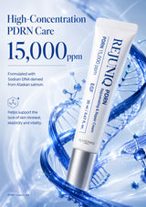 A skincare cream tube labeled 'REUNIO PDRN 15,000 ppm' shown on a blue promotional background with text about high-concentration PDRN care and scientific graphics.