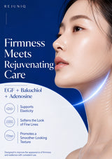 A promotional skincare graphic with a close-up side profile of a woman's face and neck on a blue background. Large text reads 'Firmness Meets Rejuvenating Care,' with smaller text listing ingredients (EGF + Bakuchiol + Adenosine) and benefits such as supporting elasticity, softening fine lines, and promoting smoother-looking texture.