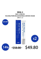 Promotional graphic for a deal on Rejuniq PDRN Rejuvenating & Repair Cream, showing one blue box and one white tube with a silver cap, alongside price callouts and a 'x2' and '14%' badge on a white background.
