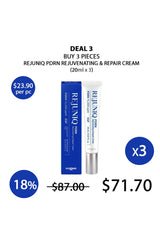 A promotional graphic for a deal on Rejuiq PDRN Rejuvenating & Repair Cream, showing one blue and white tube and its matching box, with text indicating buying 3 pieces, a 18% discount, and a final price of $71.70.