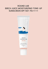 Round Lab Birch Juice Moisturizing Tone-Up Sunscreen SPF 50+ PA++++ on a pink background