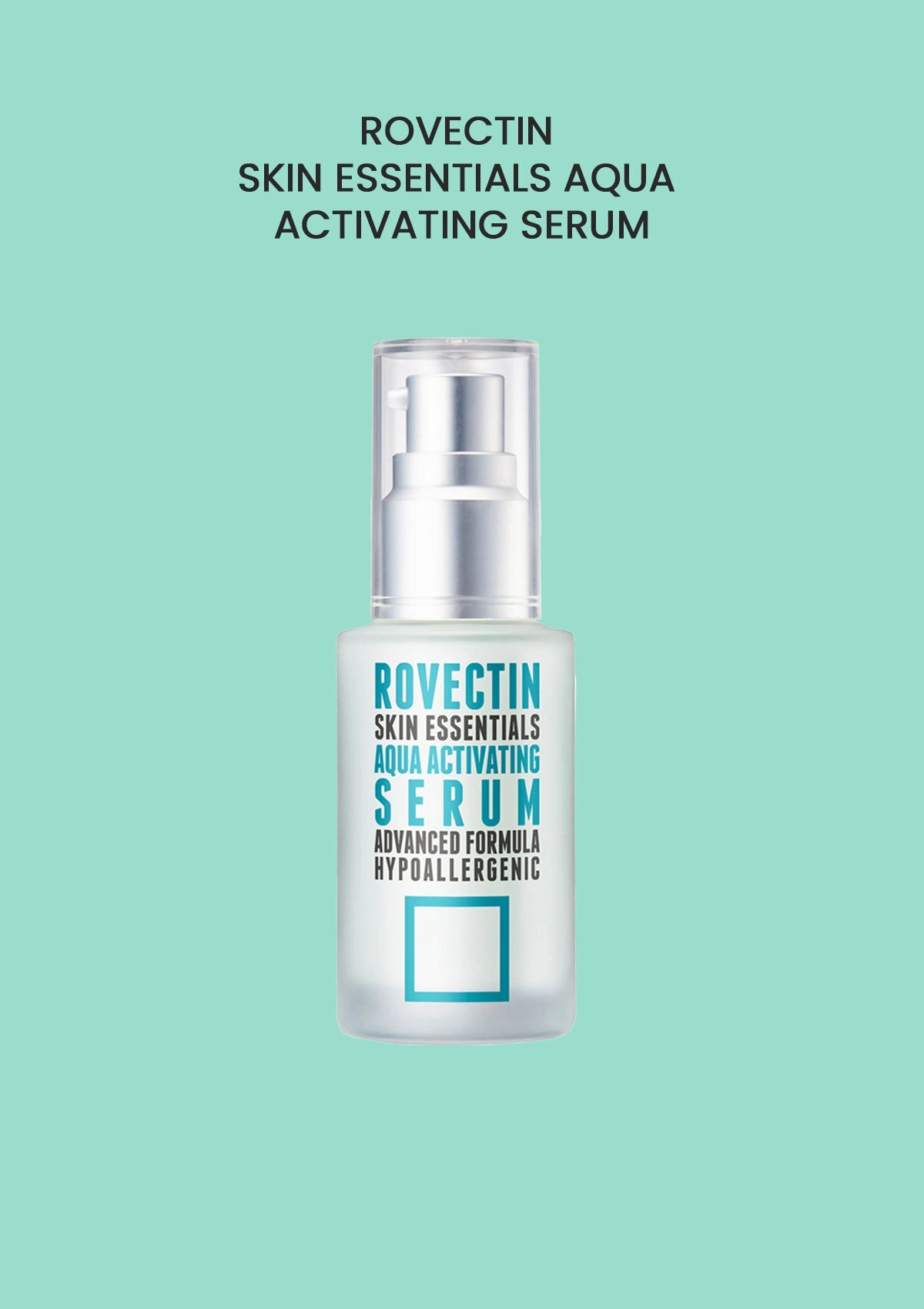 Rovectin Skin Essentials Aqua Activating Serum bottle on a light blue background