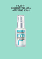 Rovectin Skin Essentials Aqua Activating Serum bottle on a light blue background