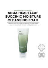Anua Heartleaf Succinic Moisture Cleansing Foam tube on a white background with text about its use.