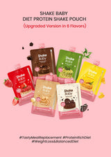 Six Shake Baby Diet Protein Shake Pouches in different flavors (red strawberry, brown chocolate, green mango, yellow mango, beige pumpkin, and white pumpkin) are arranged on a solid pink background with promotional text above and hashtags below.