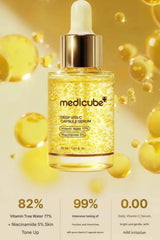 Medicube Deep Vita C Capsule Serum bottle with dropper on a yellow background