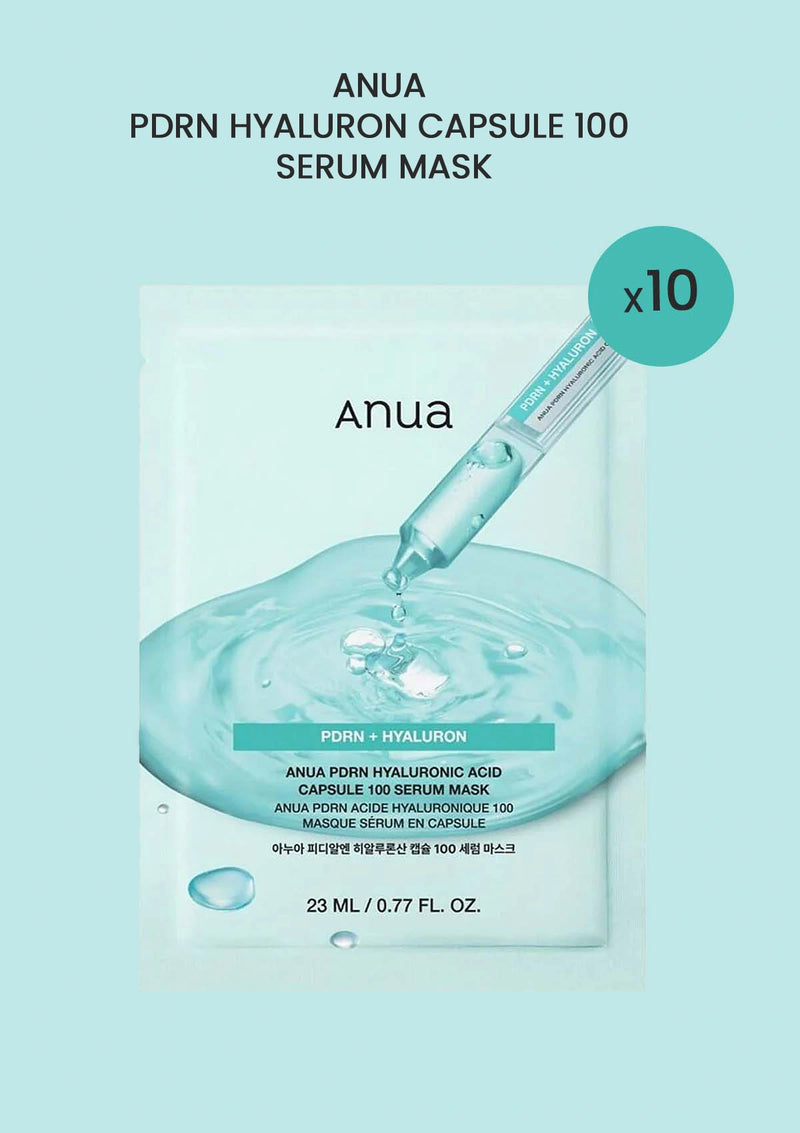 Anua PDRN Hyaluron Capsule 100 Serum Mask packaging with dropper on a light blue background