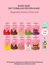 A promotional graphic for Shake Baby Diet Formular Protein Shake showing eight different flavor bottles arranged in two rows on a pink background, with text indicating upgraded version in 10 flavors and icons for HACCP, ~160 kcal, and NutraGrade.
