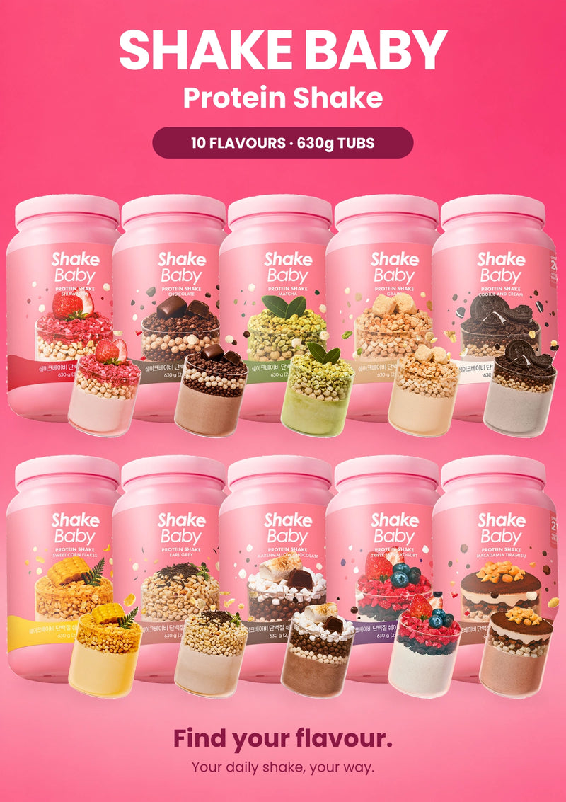 SHAKE BABY Protein Shake 630g tubs in all 10 flavours, arranged in two rows on a coral pink background.
