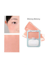 Makeup product with close-up of application on skin and color swatch.