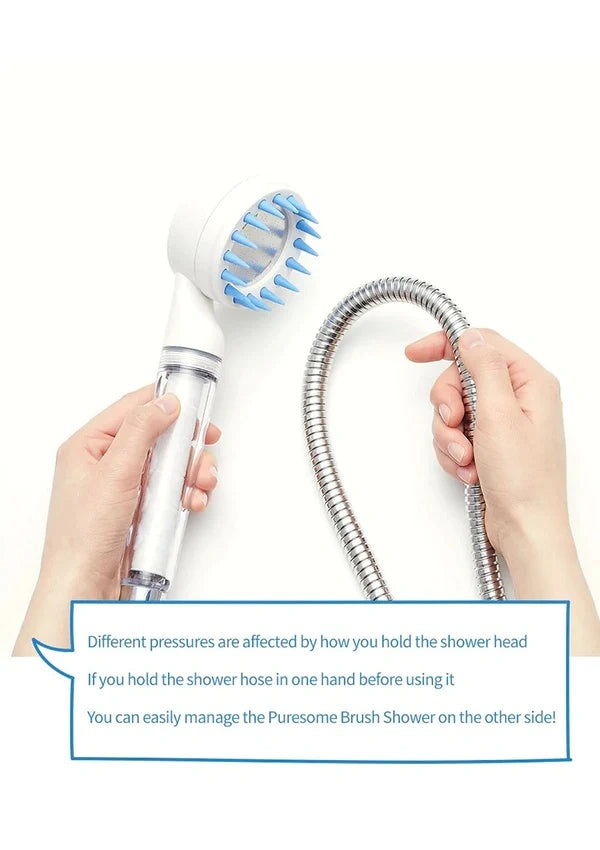 A Puresome Brush Shower head with blue bristles and a flexible metal hose, held by two hands against a white background with an informational text box at the bottom.