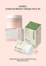 Heybell breast cream and pills packaging on a pink background