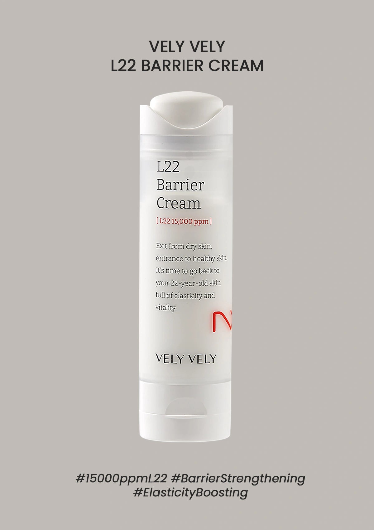 VELY VELY L22 Barrier Cream bottle on a gray background