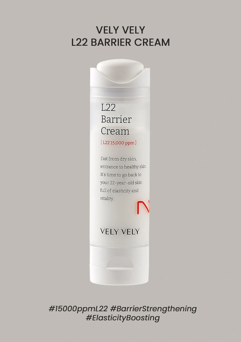 VELY VELY L22 Barrier Cream bottle on a gray background