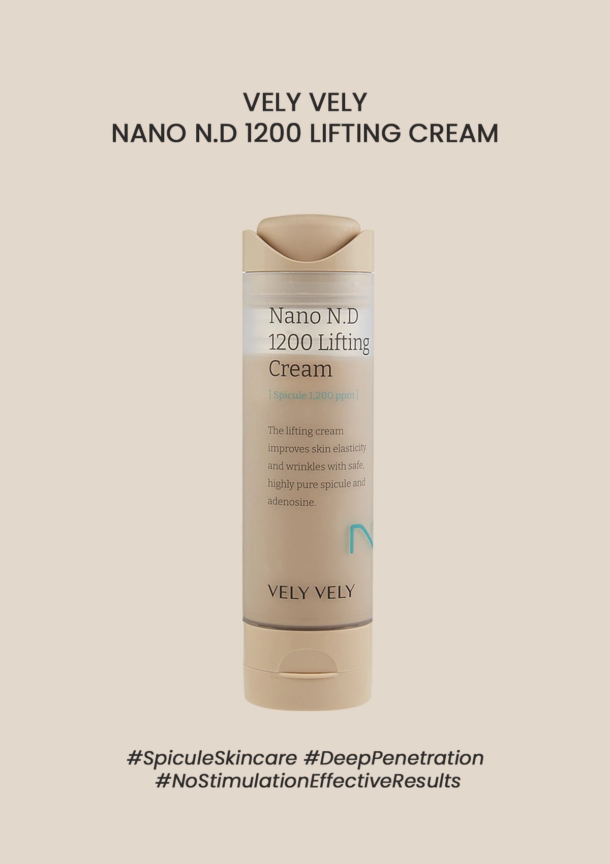 Vely Vely Nano N.D 1200 Lifting Cream bottle on a beige background